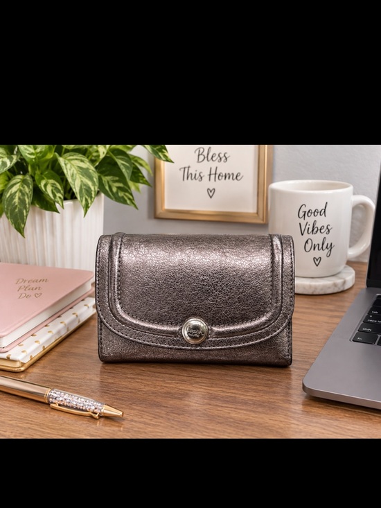 Coach Handbags - Coach Vintage Metallic Pewter Compact Wallet